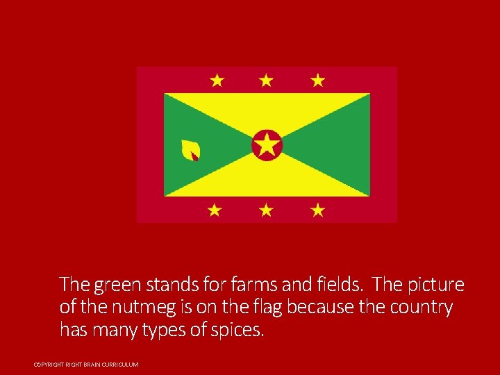The green stands for farms and fields. The picture of the nutmeg is on