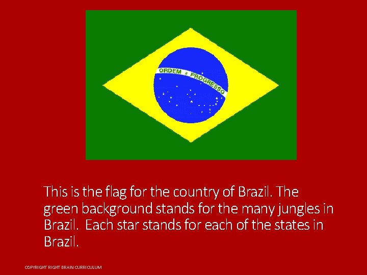 This is the flag for the country of Brazil. The green background stands for