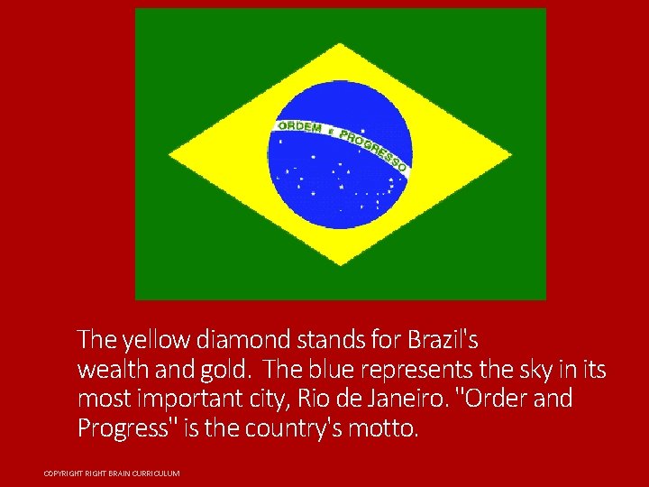 The yellow diamond stands for Brazil's wealth and gold. The blue represents the sky