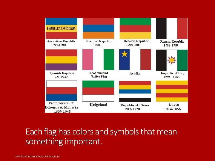 Each flag has colors and symbols that mean something important. COPYRIGHT BRAIN CURRICULUM 