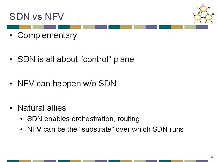 SDN vs NFV • Complementary • SDN is all about “control” plane • NFV