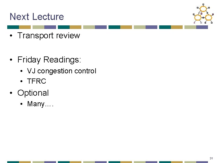 Next Lecture • Transport review • Friday Readings: • VJ congestion control • TFRC