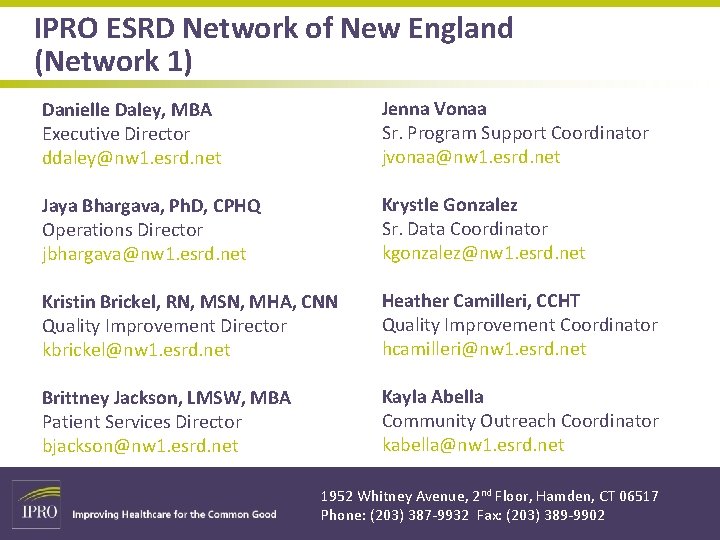 IPRO ESRD Network of New England (Network 1) Danielle Daley, MBA Executive Director ddaley@nw