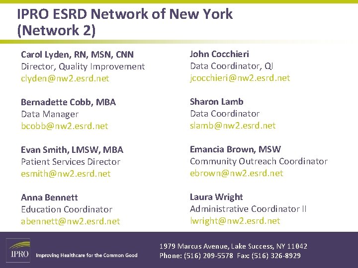 IPRO ESRD Network of New York (Network 2) Carol Lyden, RN, MSN, CNN Director,