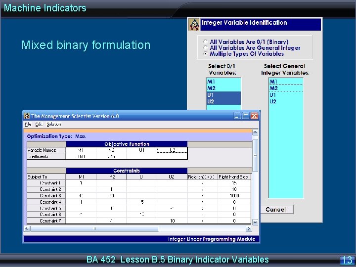 Machine Indicators Mixed binary formulation BA 452 Lesson B. 5 Binary Indicator Variables 13