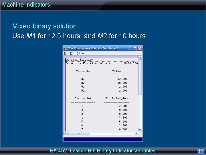 Machine Indicators Mixed binary solution Use M 1 for 12. 5 hours, and M