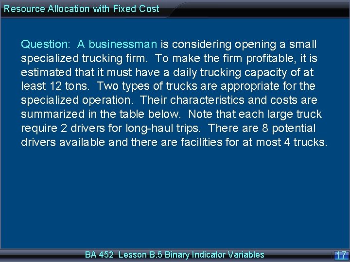Resource Allocation with Fixed Cost Question: A businessman is considering opening a small specialized