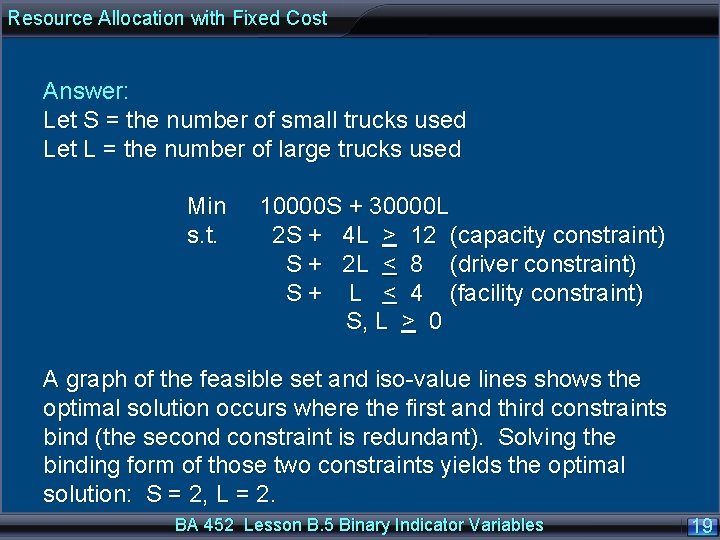 Resource Allocation with Fixed Cost Answer: Let S = the number of small trucks