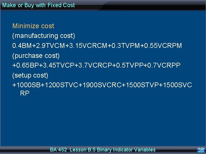 Make or Buy with Fixed Cost Minimize cost (manufacturing cost) 0. 4 BM+2. 9
