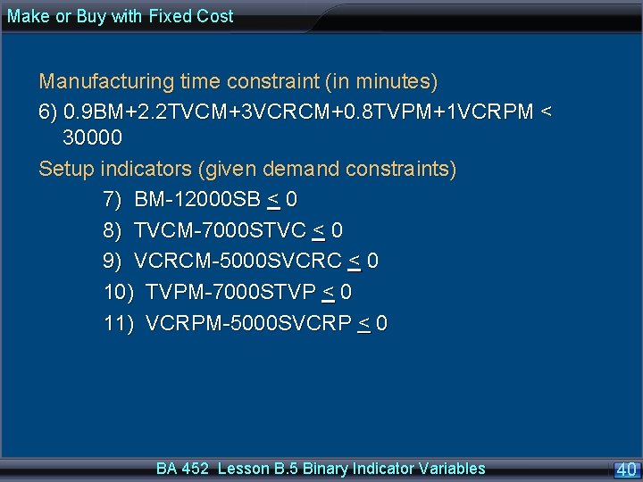 Make or Buy with Fixed Cost Manufacturing time constraint (in minutes) 6) 0. 9