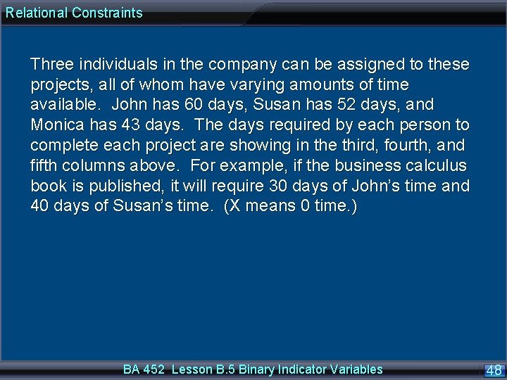Relational Constraints Three individuals in the company can be assigned to these projects, all