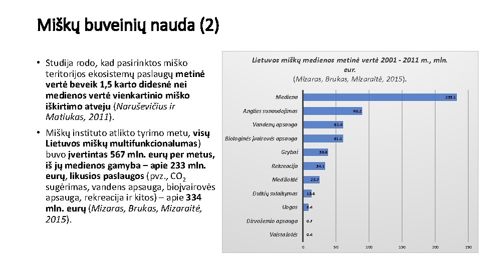 Miškų buveinių nauda (2) • Studija rodo, kad pasirinktos miško teritorijos ekosistemų paslaugų metinė