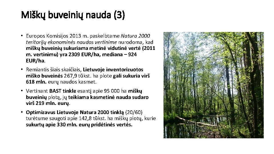 Miškų buveinių nauda (3) • Europos Komisijos 2013 m. paskelbtame Natura 2000 teritorijų ekonominės
