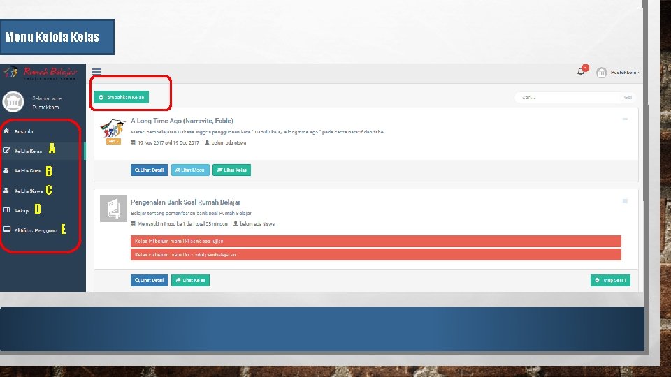 Menu Kelola Kelas A B C D E 