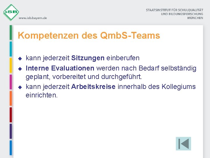 Kompetenzen des Qmb. S-Teams u u u kann jederzeit Sitzungen einberufen Interne Evaluationen werden