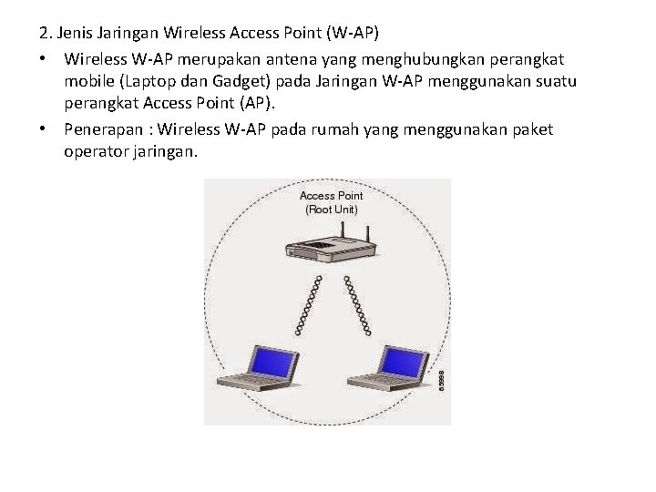 2. Jenis Jaringan Wireless Access Point (W-AP) • Wireless W-AP merupakan antena yang menghubungkan