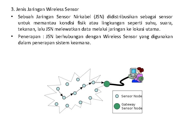 3. Jenis Jaringan Wireless Sensor • Sebuah Jaringan Sensor Nirkabel (JSN) didistribusikan sebagai sensor 3. Jenis Jaringan Wireless Sensor • Sebuah Jaringan Sensor Nirkabel (JSN) didistribusikan sebagai sensor