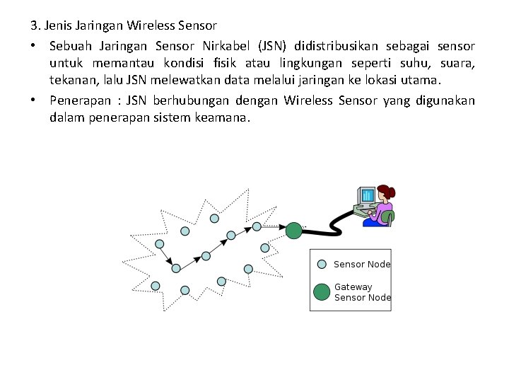 3. Jenis Jaringan Wireless Sensor • Sebuah Jaringan Sensor Nirkabel (JSN) didistribusikan sebagai sensor