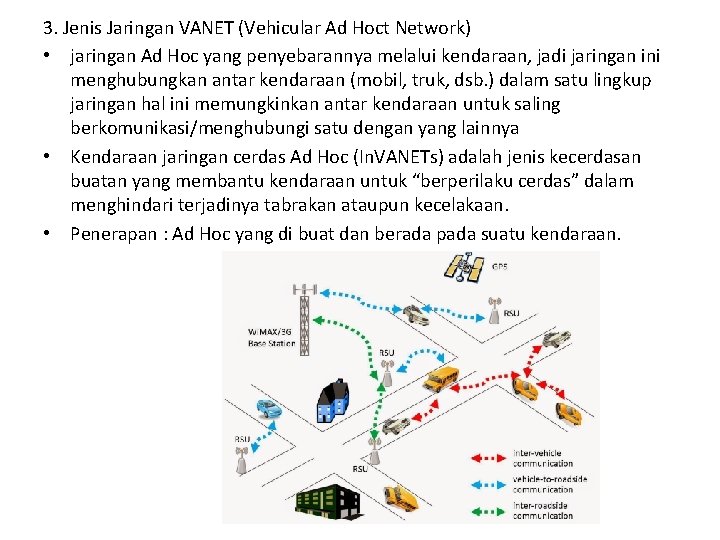 3. Jenis Jaringan VANET (Vehicular Ad Hoct Network) • jaringan Ad Hoc yang penyebarannya