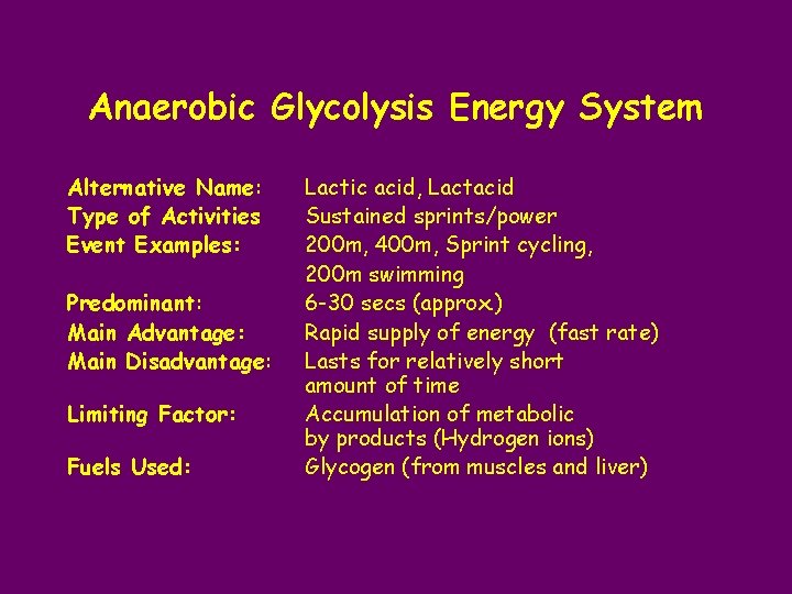 Anaerobic Glycolysis Energy System Alternative Name: Type of Activities Event Examples: Predominant: Main Advantage: