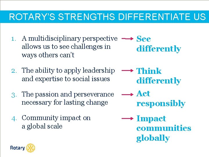 ROTARY’S STRENGTHS DIFFERENTIATE US 1. A multidisciplinary perspective allows us to see challenges in