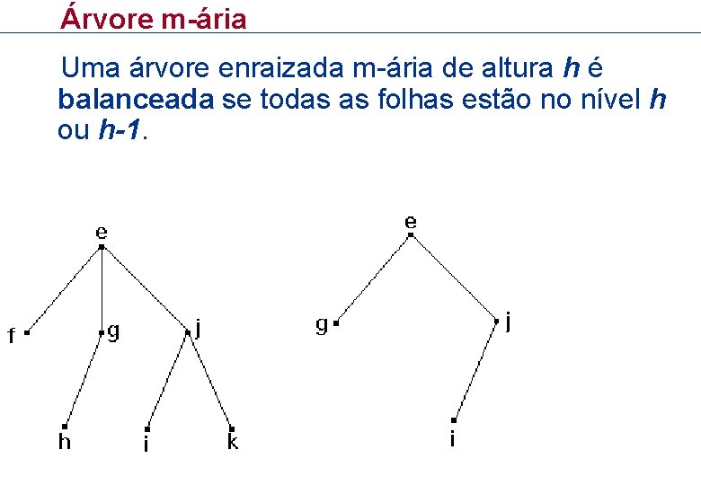 Árvore m-ária Uma árvore enraizada m-ária de altura h é balanceada se todas as