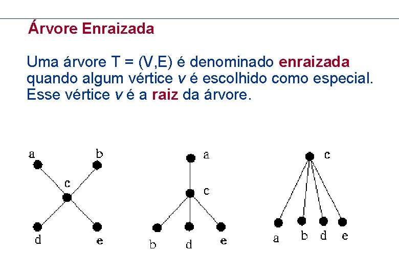 Árvore Enraizada Uma árvore T = (V, E) é denominado enraizada quando algum vértice