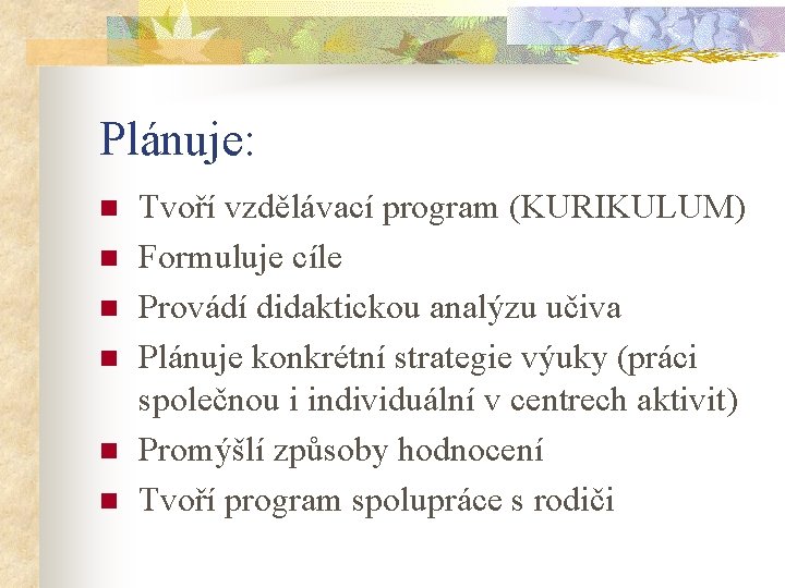 Plánuje: n n n Tvoří vzdělávací program (KURIKULUM) Formuluje cíle Provádí didaktickou analýzu učiva