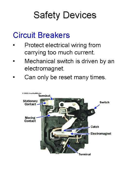 Safety Devices Circuit Breakers • • • Protect electrical wiring from carrying too much