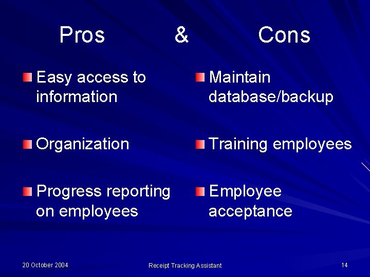 Pros & Cons Easy access to information Maintain database/backup Organization Training employees Progress reporting