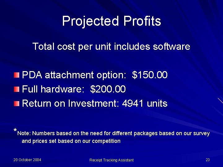 Projected Profits Total cost per unit includes software PDA attachment option: $150. 00 Full