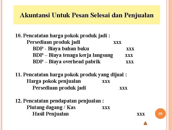 Akuntansi Untuk Pesan Selesai dan Penjualan 10. Pencatatan harga pokok produk jadi : Persediaan