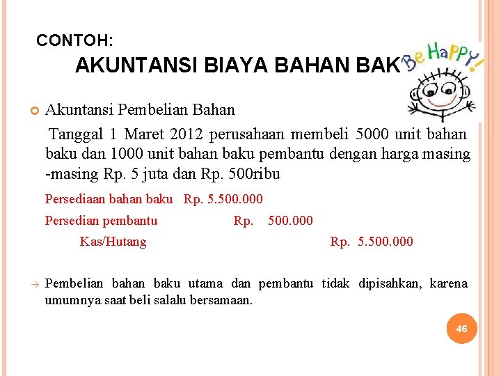 CONTOH: AKUNTANSI BIAYA BAHAN BAKU Akuntansi Pembelian Bahan Tanggal 1 Maret 2012 perusahaan membeli