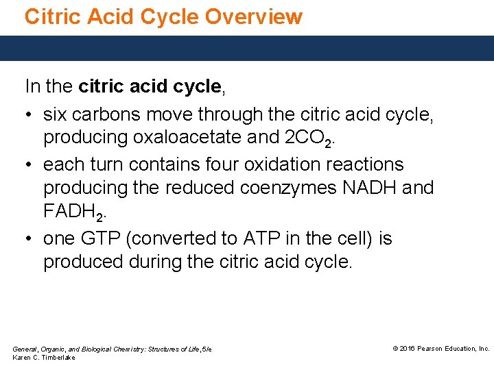 Citric Acid Cycle Overview In the citric acid cycle, • six carbons move through