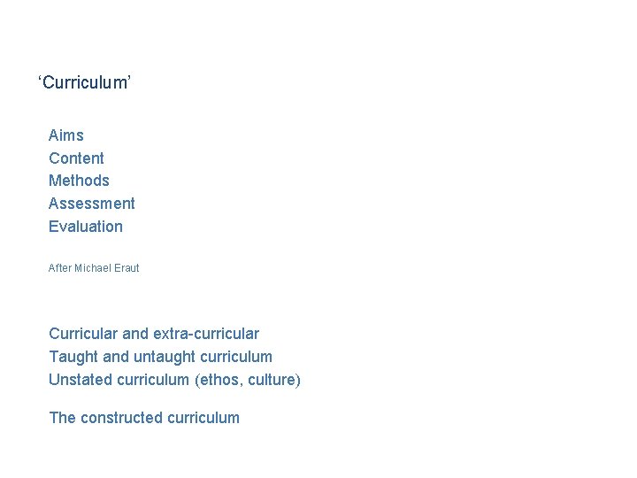 ‘Curriculum’ Aims Content Methods Assessment Evaluation After Michael Eraut Curricular and extra-curricular Taught and