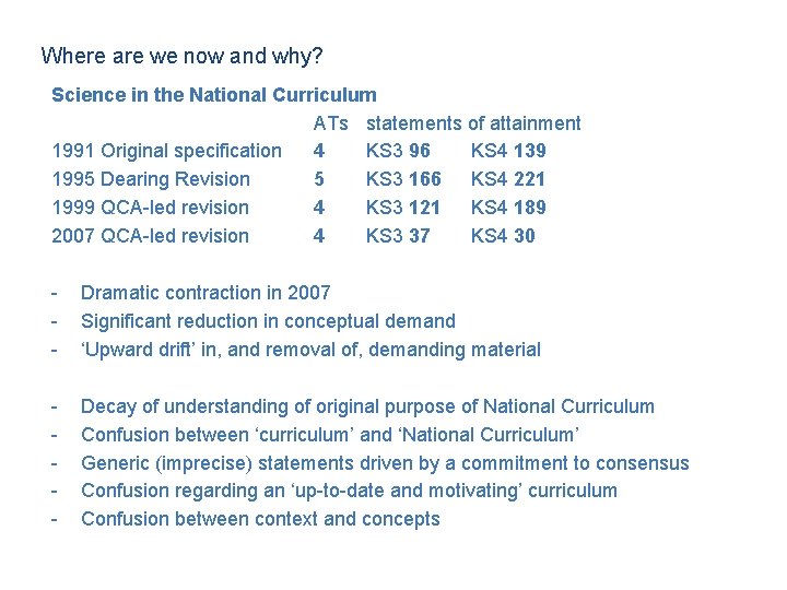 Where are we now and why? Science in the National Curriculum ATs statements of