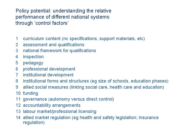 Policy potential: understanding the relative performance of different national systems through ‘control factors’ 1