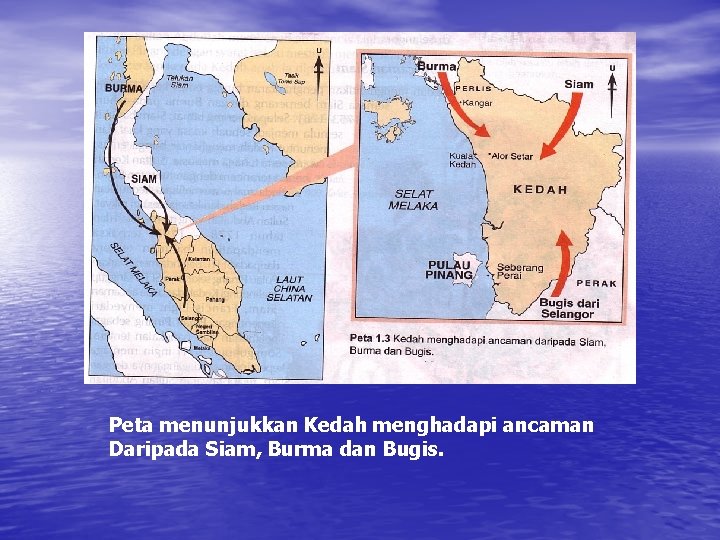 Peta menunjukkan Kedah menghadapi ancaman Daripada Siam, Burma dan Bugis. 