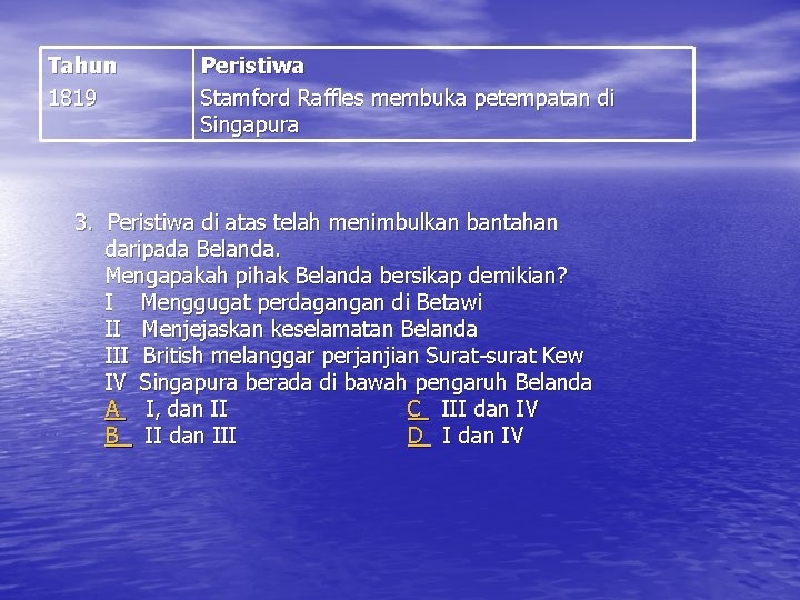 Tahun 1819 Peristiwa Stamford Raffles membuka petempatan di Singapura 3. Peristiwa di atas telah