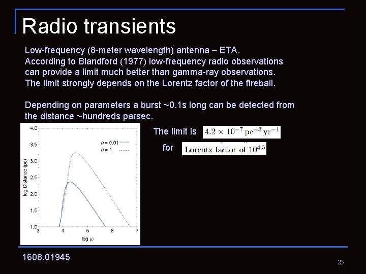 Radio transients Low-frequency (8 -meter wavelength) antenna – ETA. According to Blandford (1977) low-frequency