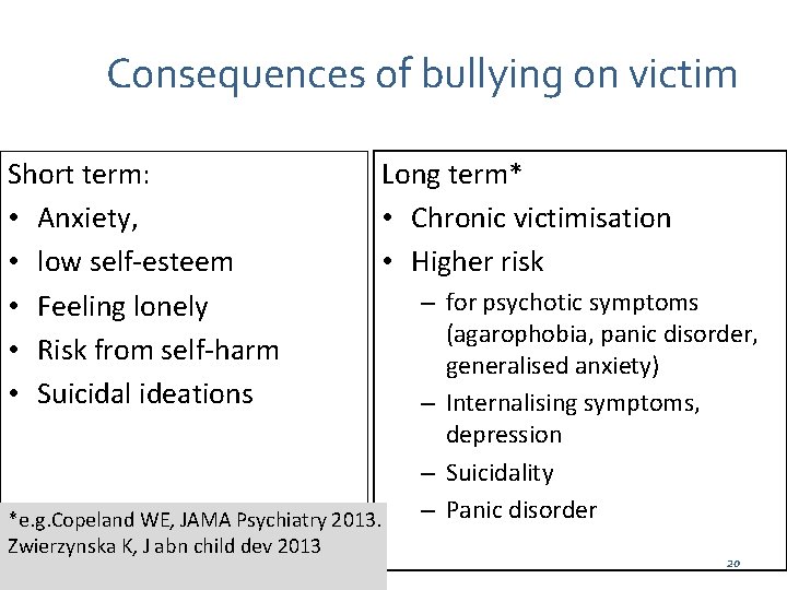 Consequences of bullying on victim Short term: • Anxiety, • low self-esteem • Feeling