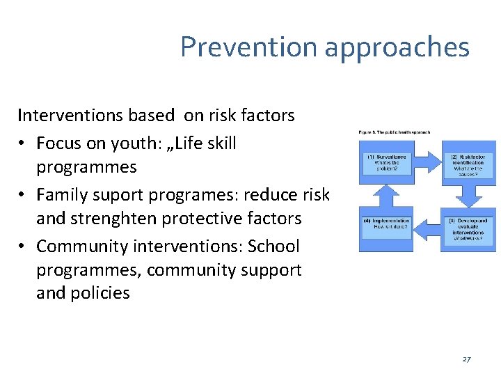 Prevention approaches Interventions based on risk factors • Focus on youth: „Life skill programmes