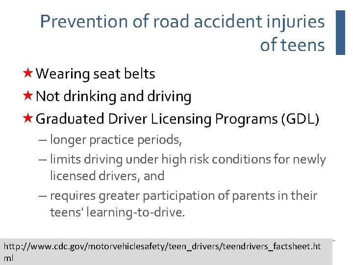 Prevention of road accident injuries of teens Wearing seat belts Not drinking and driving