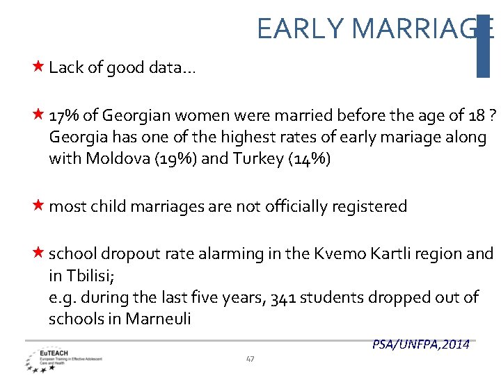 EARLY MARRIAGE Lack of good data… 17% of Georgian women were married before the