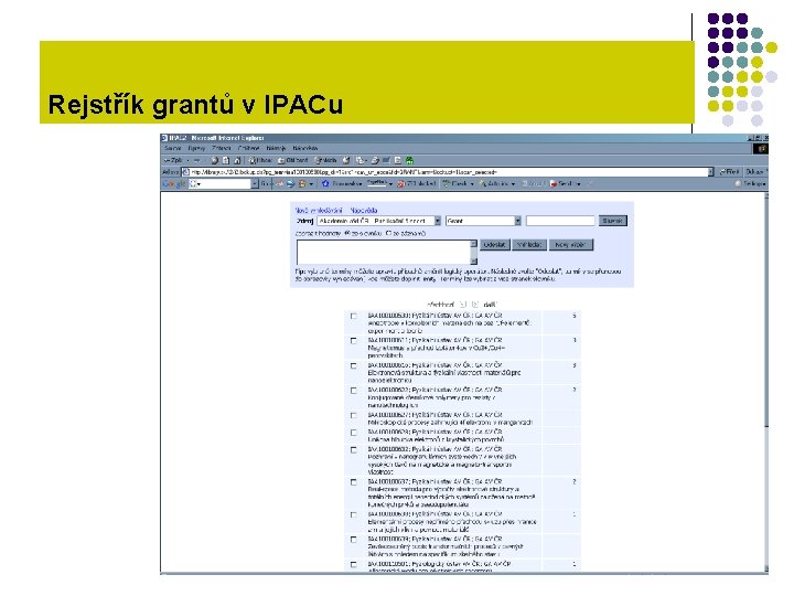 Rejstřík grantů v IPACu 