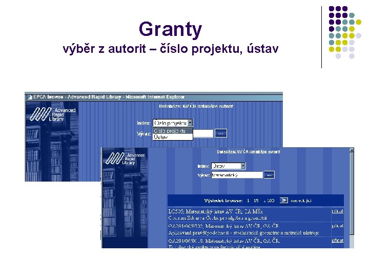 Granty výběr z autorit – číslo projektu, ústav 