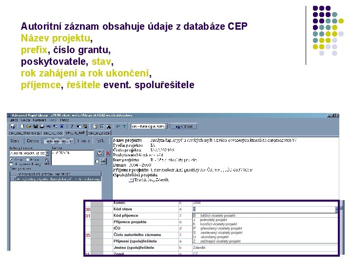 Autoritní záznam obsahuje údaje z databáze CEP Název projektu, prefix, číslo grantu, poskytovatele, stav,