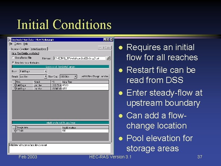 Initial Conditions l l l Feb 2003 Requires an initial flow for all reaches