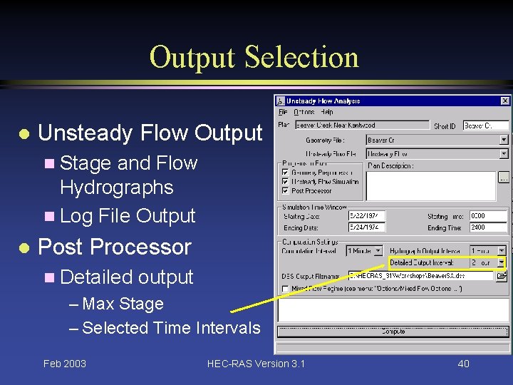 Output Selection l Unsteady Flow Output n Stage and Flow Hydrographs n Log File