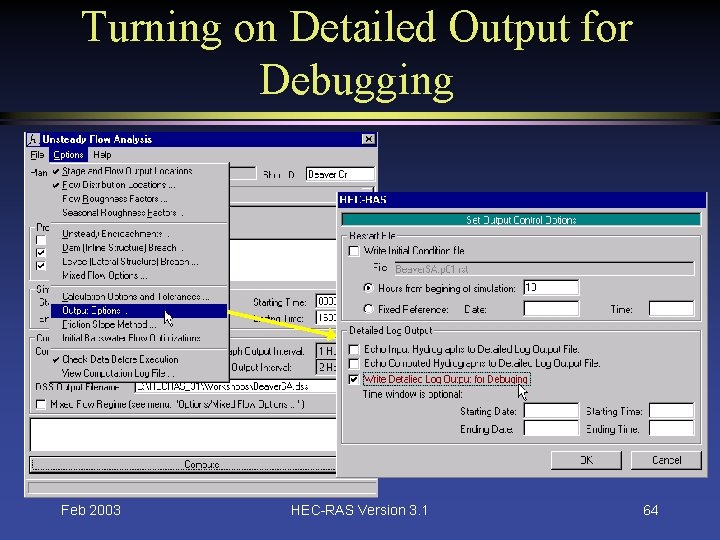 Turning on Detailed Output for Debugging Feb 2003 HEC-RAS Version 3. 1 64 
